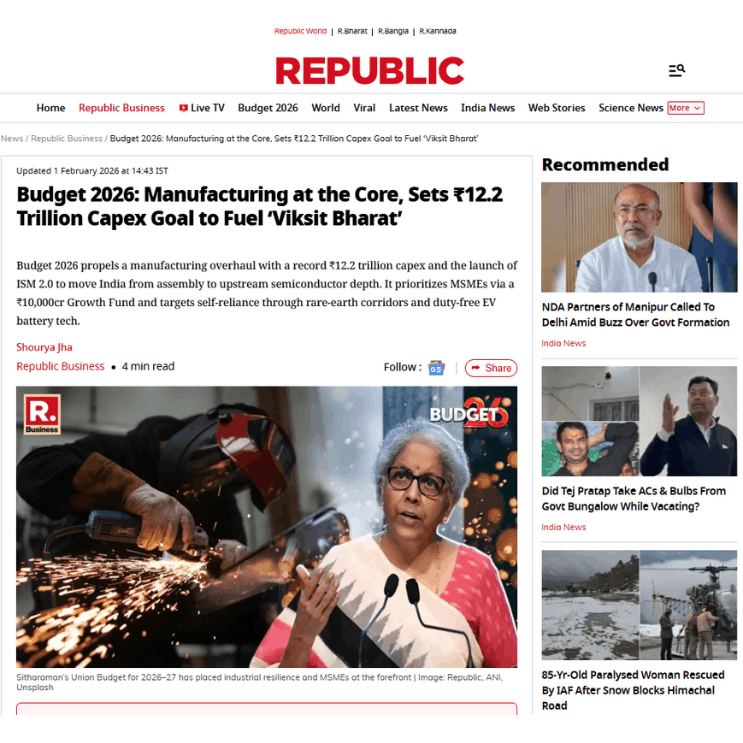 Budget 2026 Puts Manufacturing at the Centre: ₹12.2 Trillion Capex, MSME Push and EV Supply Chain Reset