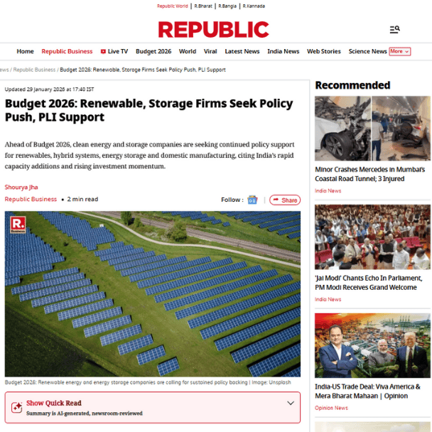 Renewable and Storage Firms Call for Policy Continuity and PLI Push