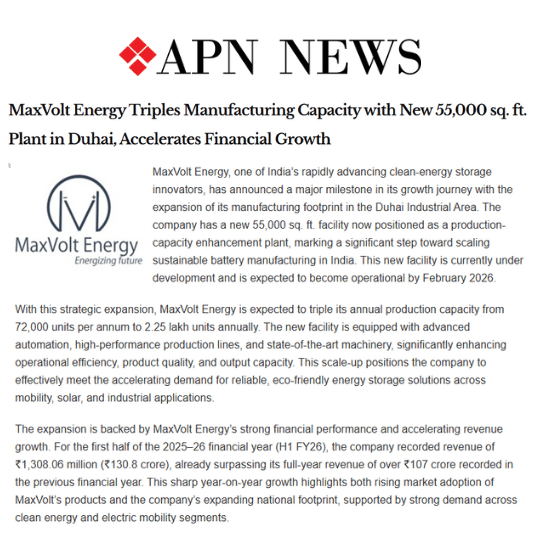 MaxVolt Energy Advances India’s Clean Energy Mission with New Manufacturing Plant
