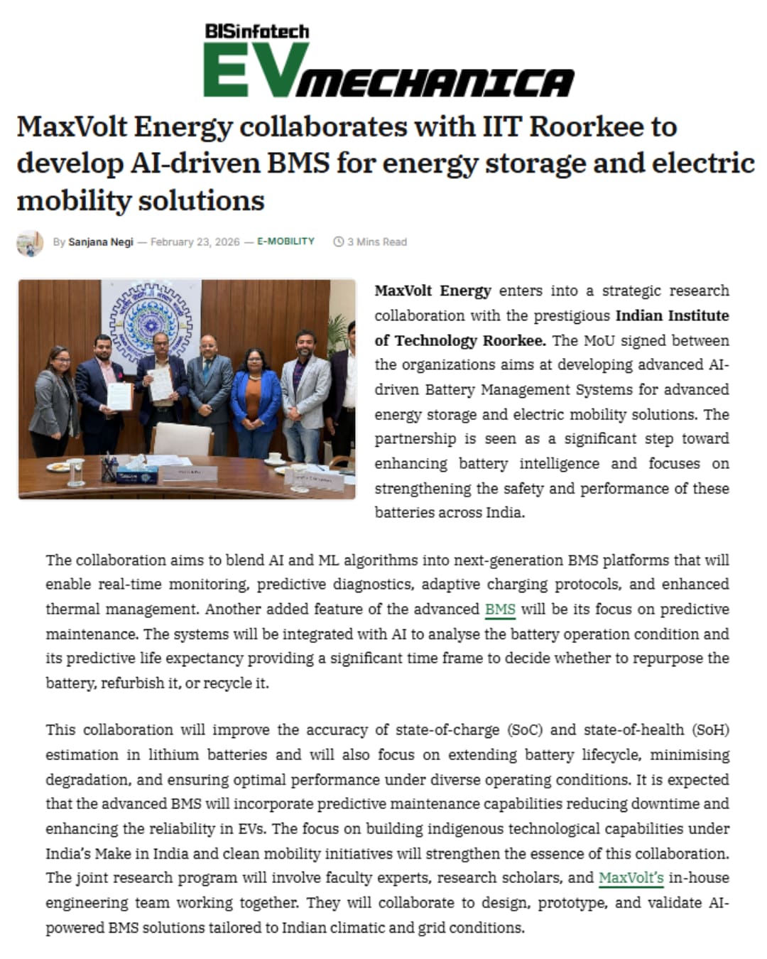 MaxVolt Energy & IIT Roorkee Forge AI-Powered Battery Management Breakthrough for Clean Mobility and Storage
