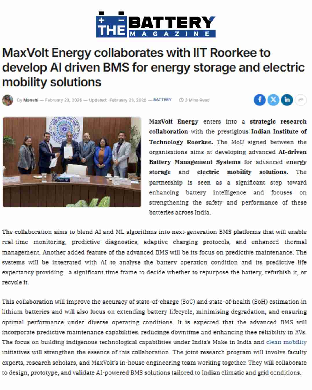 MaxVolt Energy collaborates with IIT Roorkee to develop AI driven BMS for energy storage and electric mobility solutions