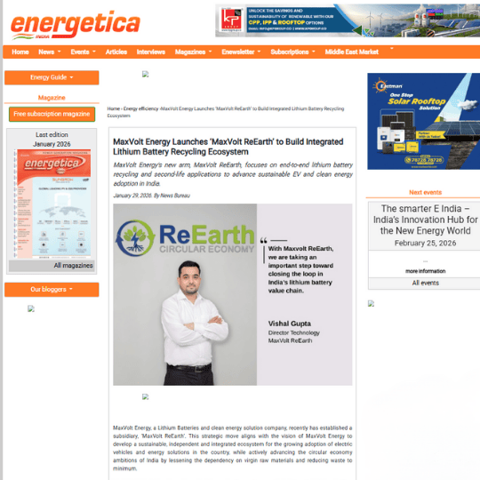 Maxvolt Energy Establishes 'Maxvolt ReEarth' to Create a Closed-Loop Lithium Battery Recycling Ecosystem in India
