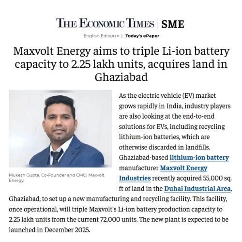 Maxvolt Energy Expands to 2.25 Lakh Annual Capacity, Accelerates Circular EV Battery Mission