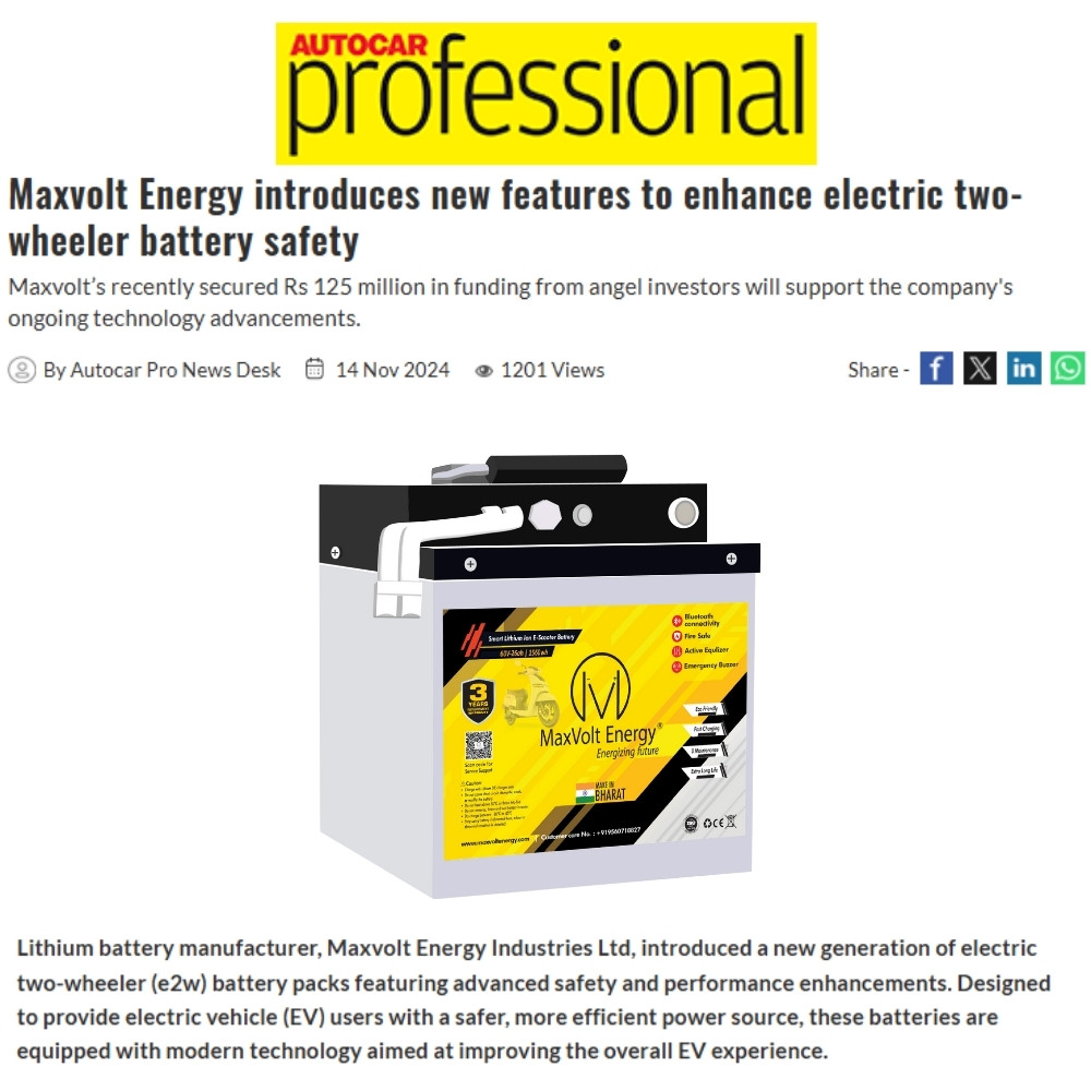 Maxvolt Energy Launches Advanced Lithium Batteries for E-Two Wheelers