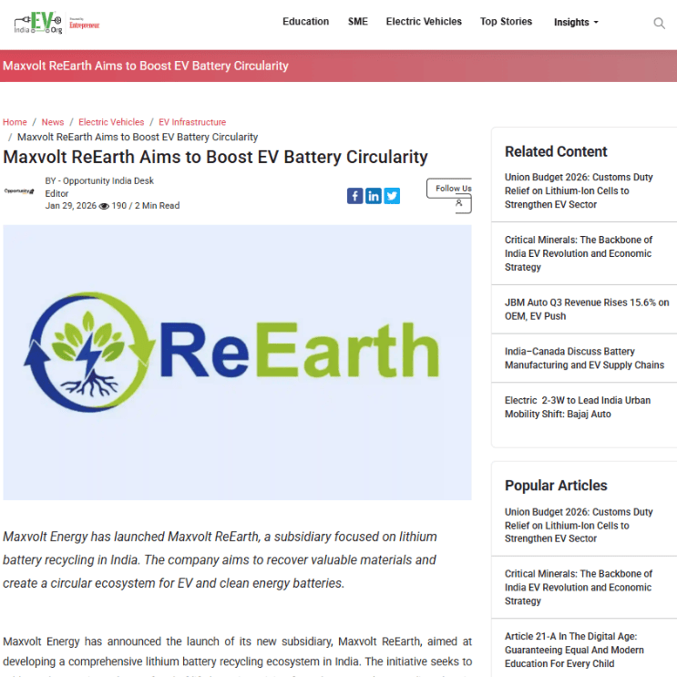 Maxvolt Energy Launches 'Maxvolt ReEarth' to Pioneer EV Battery Circularity and Lithium Recycling in India
