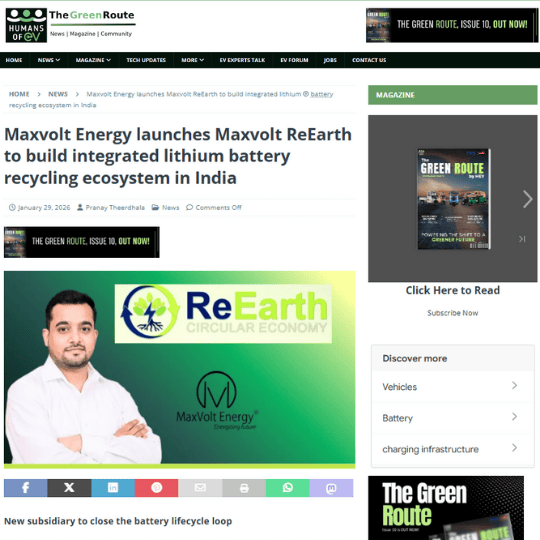 Maxvolt Energy Launches 'Maxvolt ReEarth' to Pioneer Sustainable Lithium Battery Recycling and Material Recovery in India