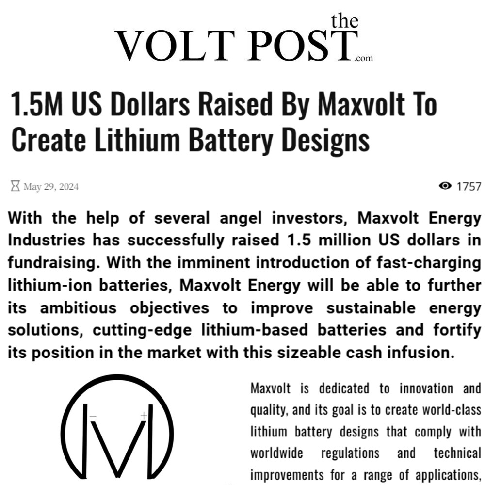 Maxvolt Energy Raises $1.5M to Expand Lithium Battery Designs and Innovation