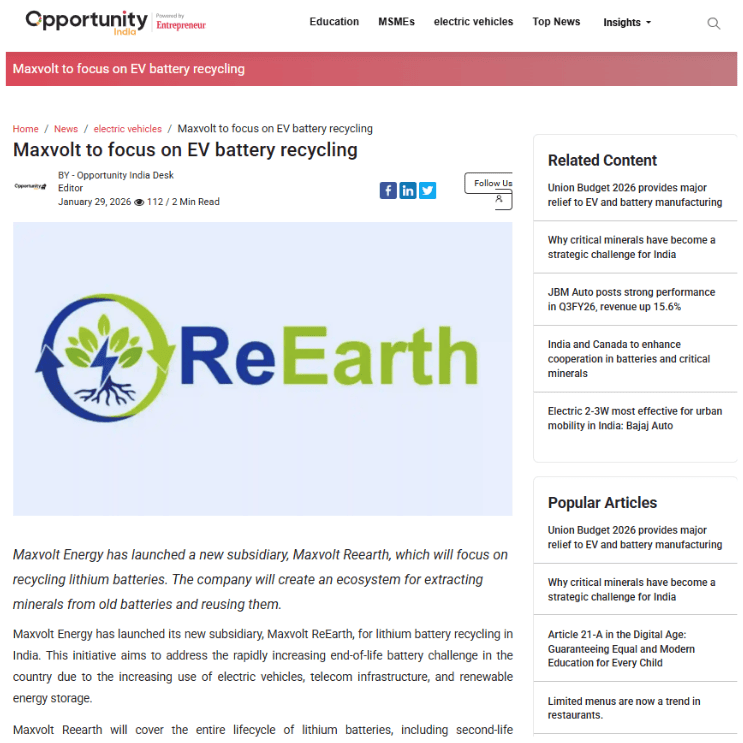 Maxvolt Energy Unveils New Subsidiary 'Maxvolt ReEarth' to Drive Lithium Battery Recycling and Sustainability