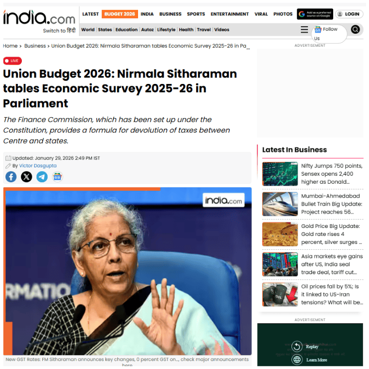 Union Budget 2026 Live: Nirmala Sitharaman Tables Economic Survey; Industry Leaders Call for GST Reforms and Infrastructure Boost